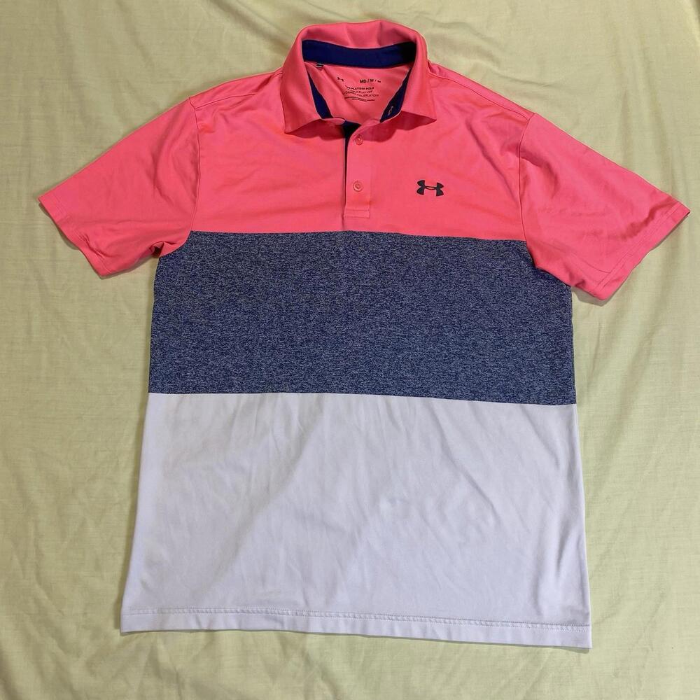 Under Armour Men's M the Playoff Polo Performance Golf Stretch Pink Gray White